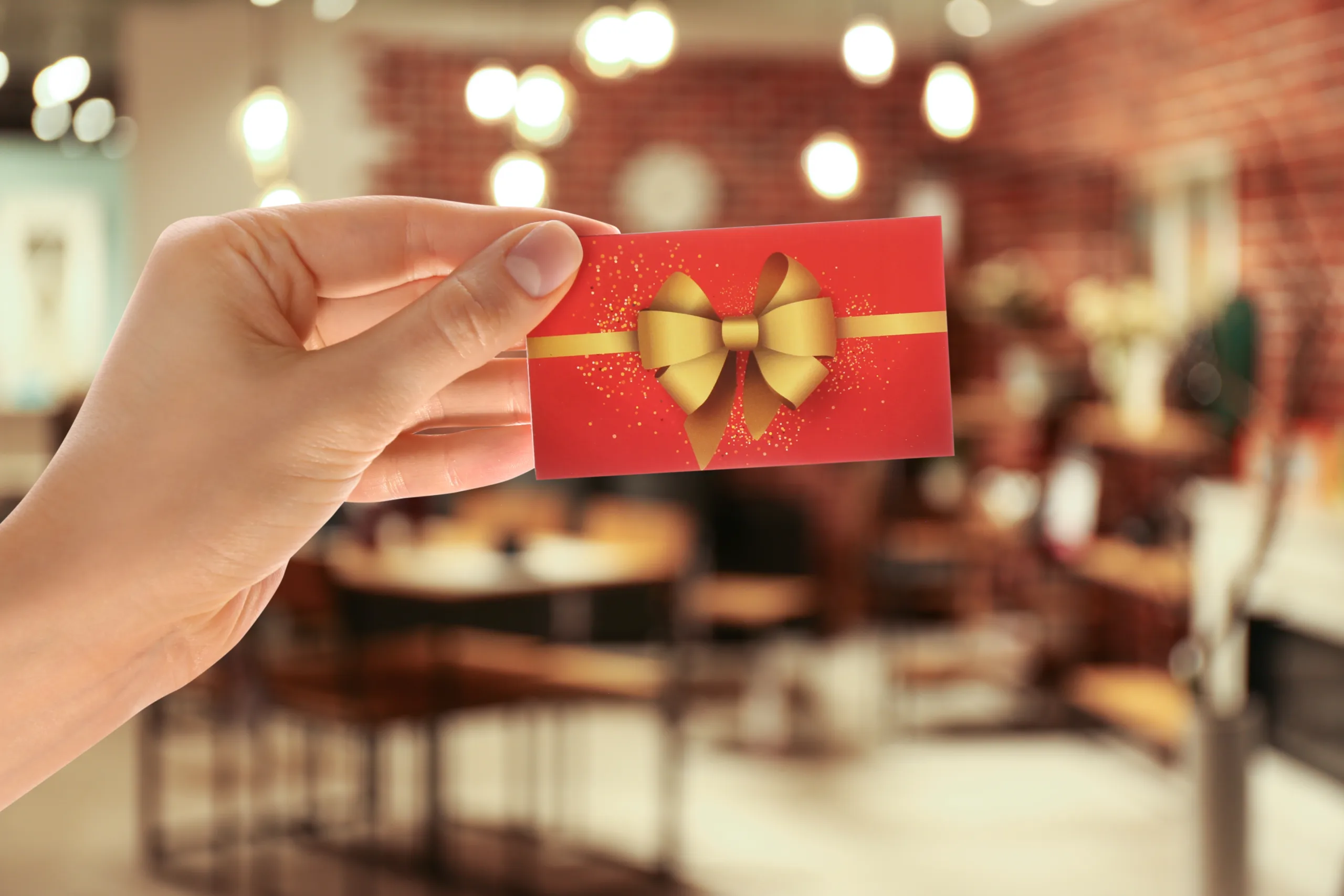 Customer holding a holiday gift card