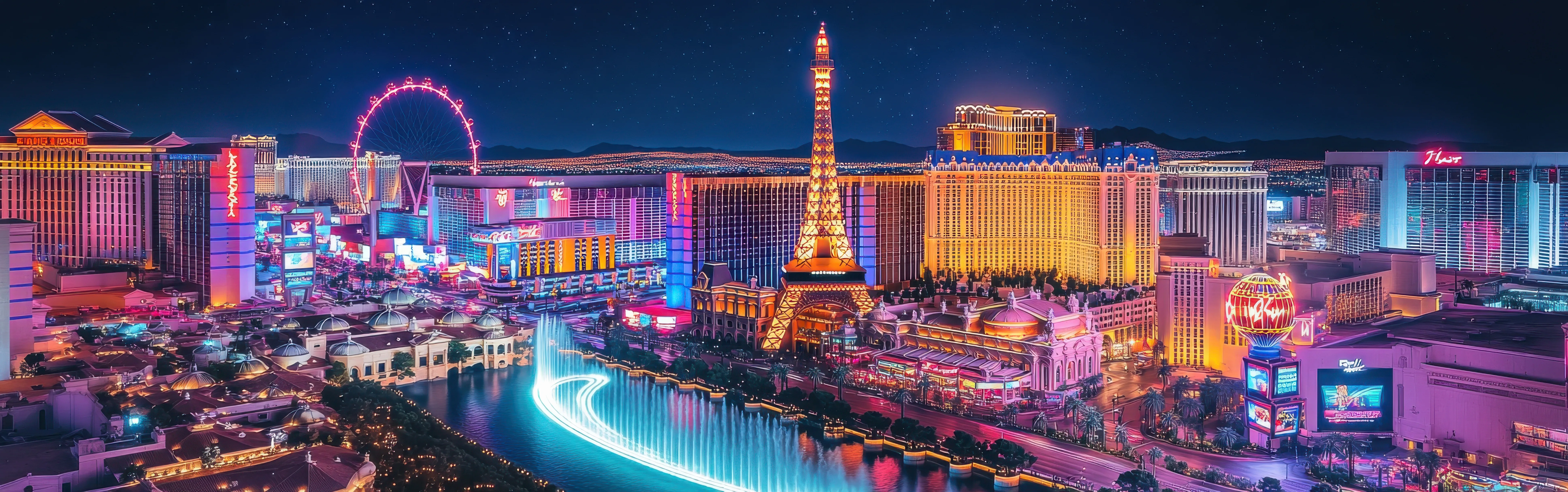 A stunning view of the Las Vegas Strip illuminated at night showcasing vibrant lights and iconic landmarks along the famous boulevard